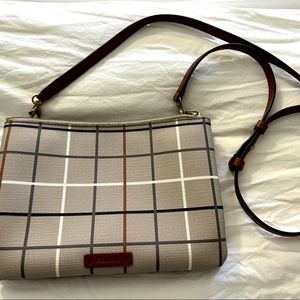Fossil crossbody—black, tan, brown, white plaid